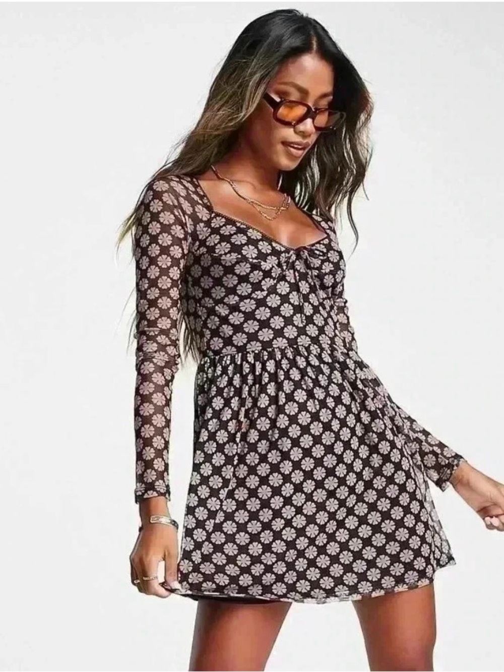 Topshop Black Long-Sleeve Mesh Floral A-Line Dress with Lilac Flowers